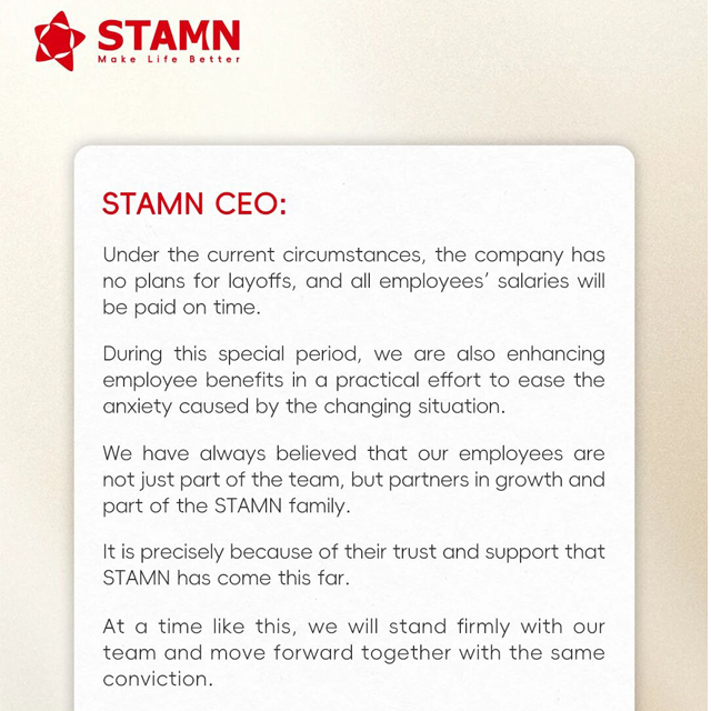 STAMN CEO: No Layoff Plan, Salaries Paid on Time, Enhanced Employee Benefits